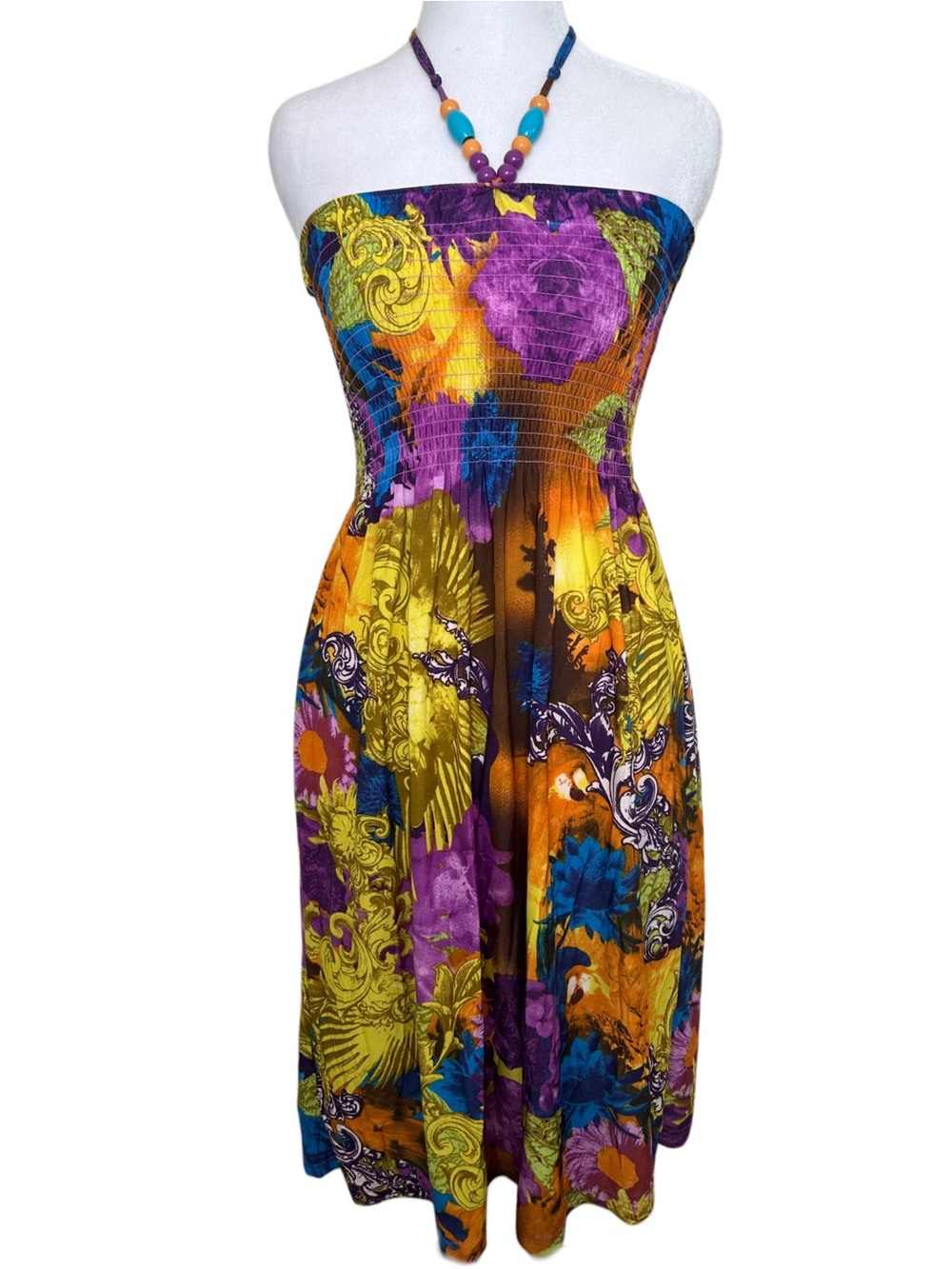 Just Love Strapless Abstract Floral Beaded Halter-Neck Midi Dress